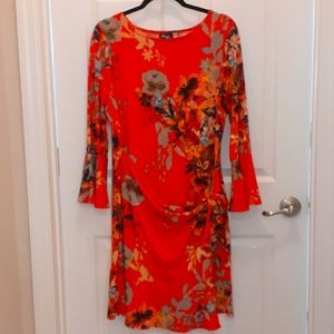 Orange and Floral Pattern Faux Wrap Dress